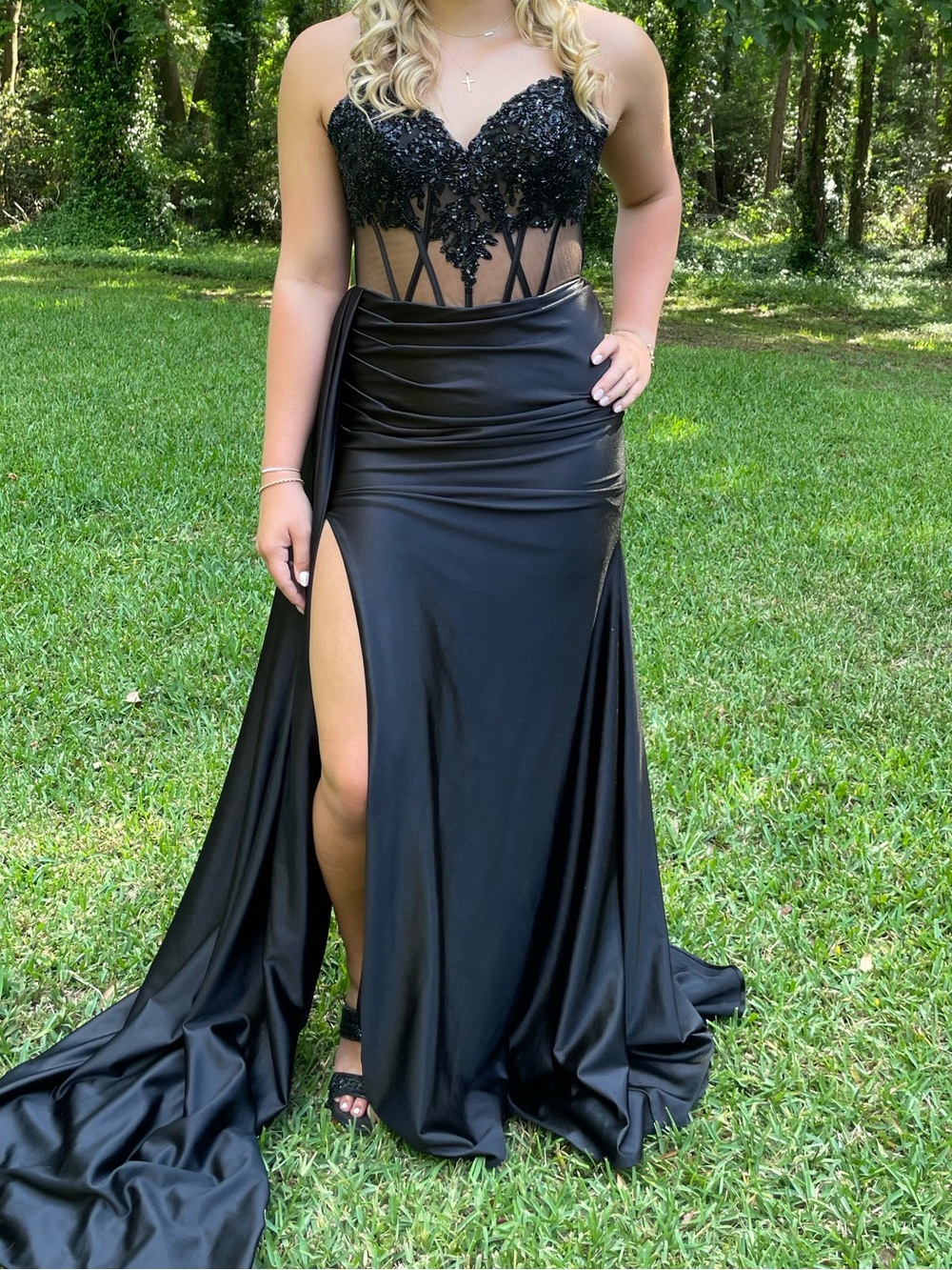 Black Beaded Illusion Bodice Prom Gown with High Slit
